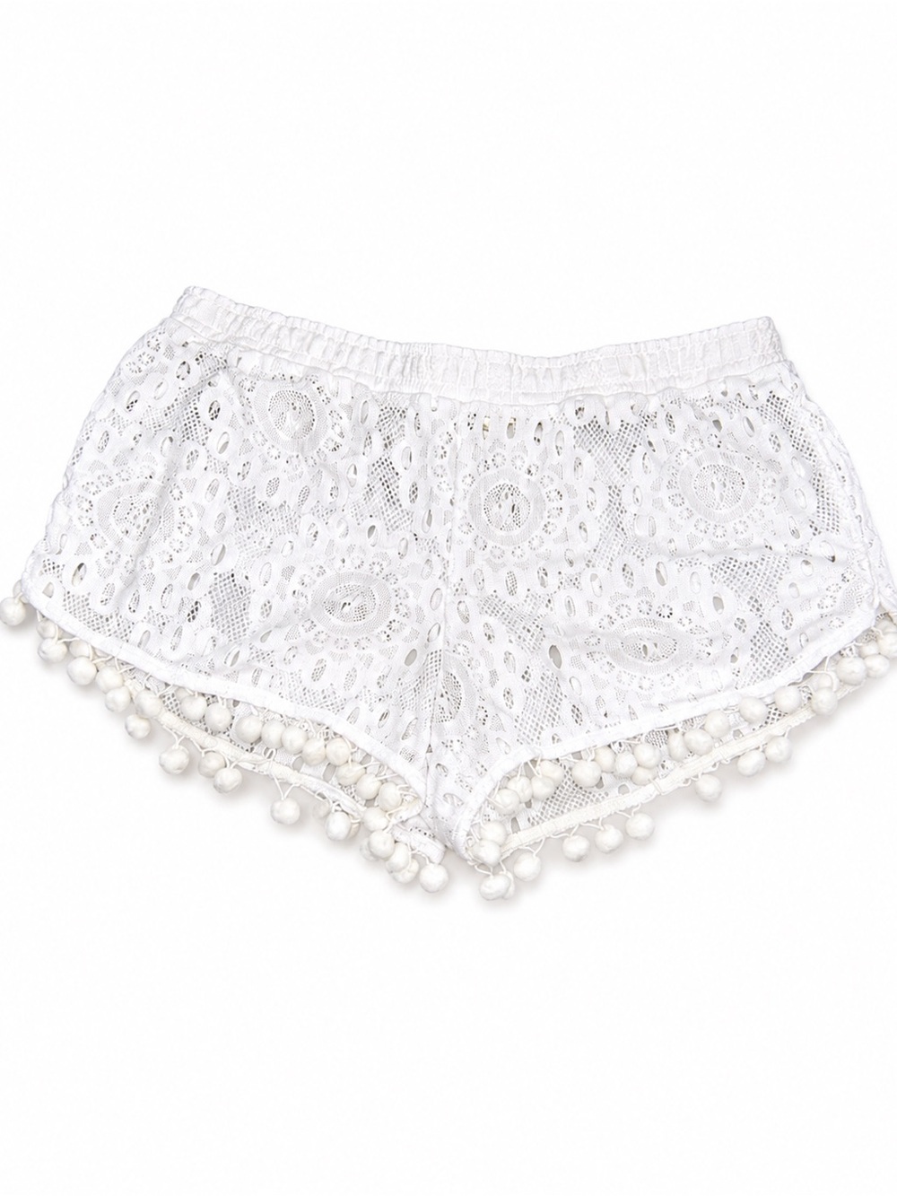 Miken Swim White Lace Pom-Pom Cover Up Shorts – Size Large